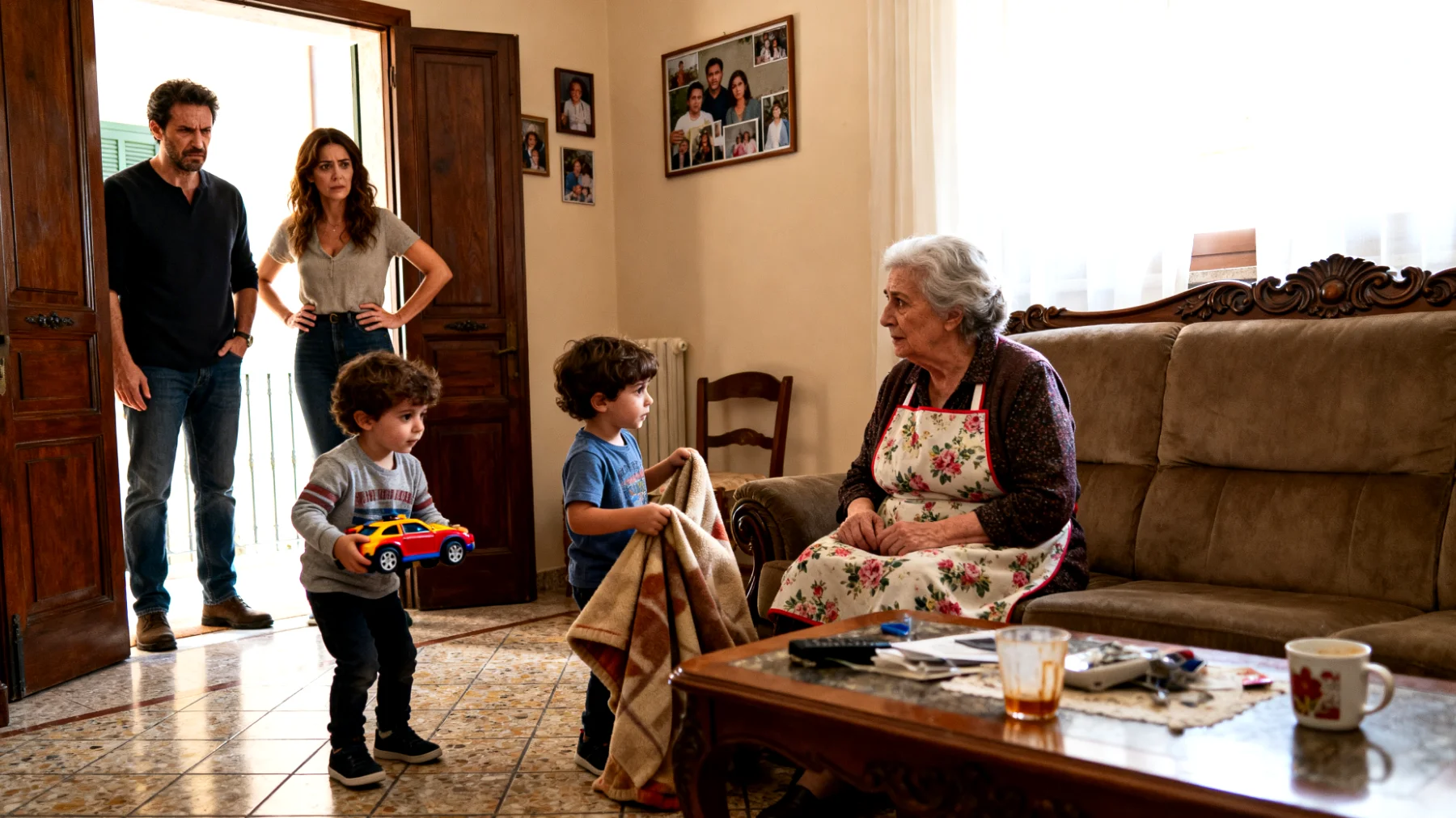 Nonna che fatica a mantenere l'autorevolezza con i nipoti bambini quando stabilisce regole e limiti, generando conflitti con i genitori che la accusano di essere troppo permissiva o, al contrario, troppo rigida rispetto al loro metodo educativo"